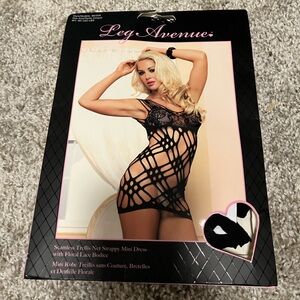 Leg Avenue Seamless Trellis Net Strappy Mini Dress with Floral Lace Bodice